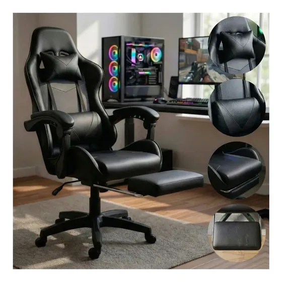 Cadeira Gamer Ergonômica Preta Reclinável Com Apoio dos Pés Led Tools Couro Sintético
