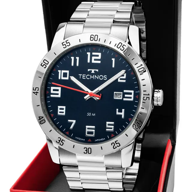 Relógio Technos Masculino Military Analogico Aço Azul Petróleo 5atm Prateado