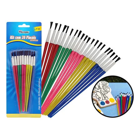 Pincel Escolar Conjunto 20 Peças Western Cerdas Naturais Plana