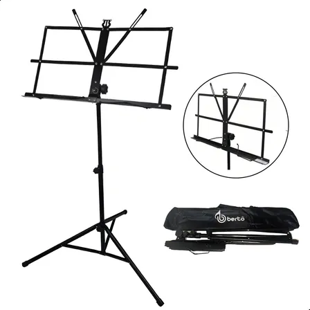 Estante Porta Partitura Bertô Preto Ajustável 75cm-1.3m Dobrável com Bolsa