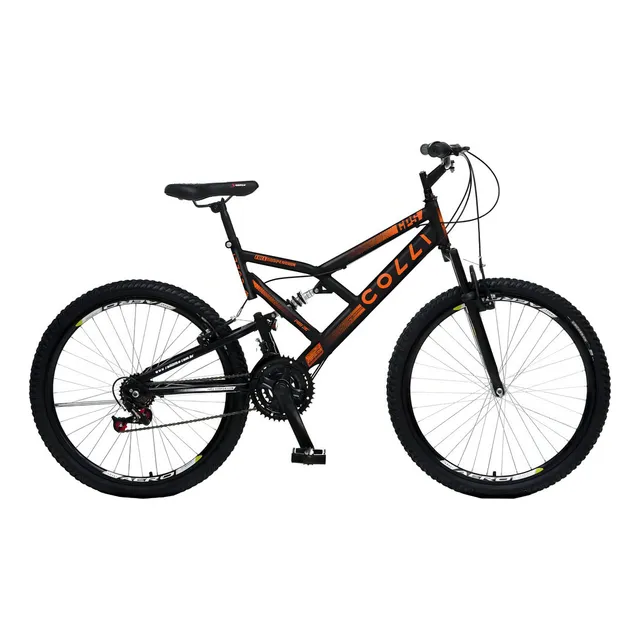 Bicicleta Masculina E Feminina Aro 26 Dupla Suspensão Colli Cor PRETO C/ LARANJA NEON Tamanho do quadro 19