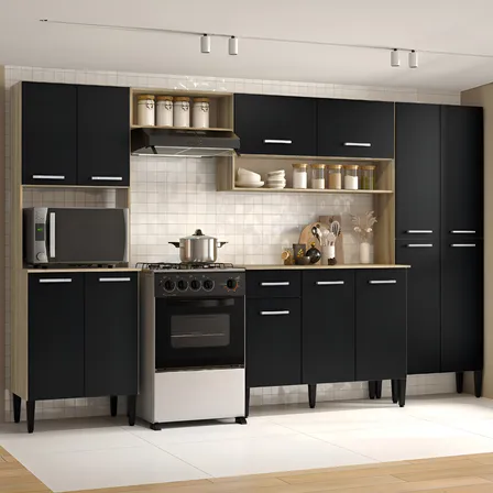 Cozinha Completa Arizona Plus Com Armário E Balcão Carraro Cor Carvalho/Preto