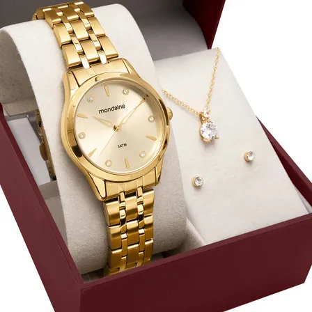 Kit Relógio Mondaine Feminino Dourado com Colar e Brincos 32610LPMKDE1K1