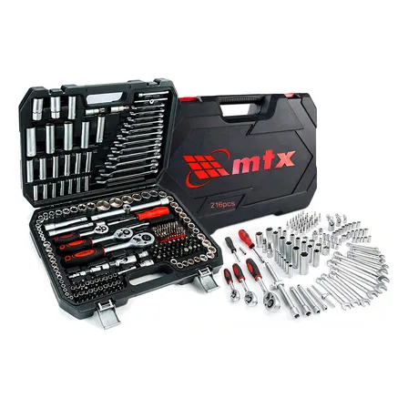 Kit Jogo De Soquete Chave Catraca 1/4 3/8 E 1/2 Pol. Mtx Combinada Allen Maleta 216 Peças Aço Cr-v 1353055 Preto/vermelho