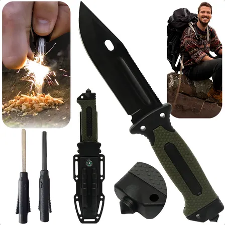 Faca Tatica Com Bainha Bussola Apito Amolador Pederneira Ponta Quebra Vidro e Clip com Suporte Para Cinto Lamina Corte Misto Em Aço Inox Tipo Militar Para Camping Caça Mergulho Pesca Trilha Aventura