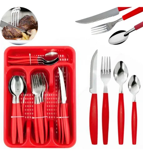 Eps-25p Conjunto Faqueiro 25 Peças Porta Talher Jogo De Talheres Vermelho