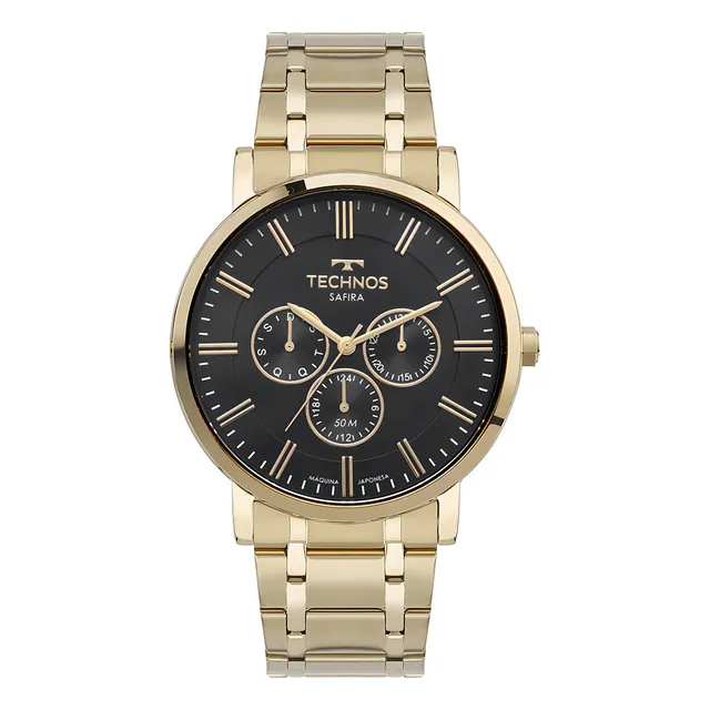 Relógio Technos Masculino Slim Safira Quartzo Aço Inoxidável Dourado Preto