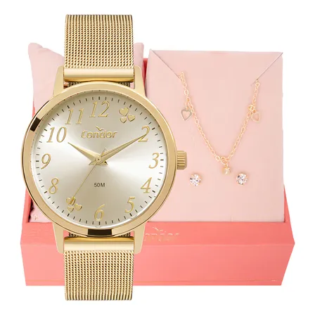 Kit Relógio Feminino Condor Dourado Analógico Fácil Ajuste