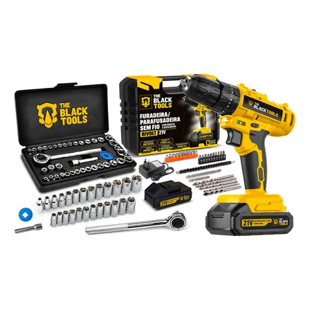Furadeira Parafusadeira De Impacto 2 Baterias 21v 3/8 Tb21pz Com Jogo De Soquetes 40 Peças The Black Tools