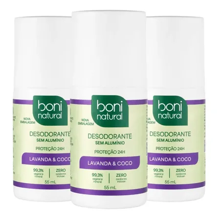 Kit 3 Desodorantes Roll-On Vegano Lavanda 55ml Boni Natural Coco e Magnésio