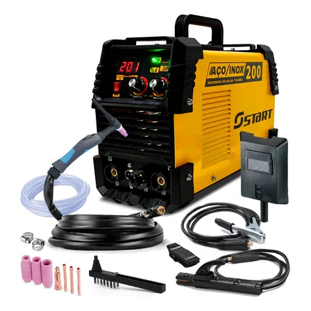 Máquina Inversora De Solda Start Multiprocessos Tig Mma Eletrodo Aço/Inox 200a Com Tocha Tig E Acessorios