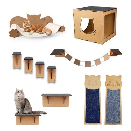 Kit Playground Com Arranhador P/ Gato 11 Peças MDF Cinza Box Fan