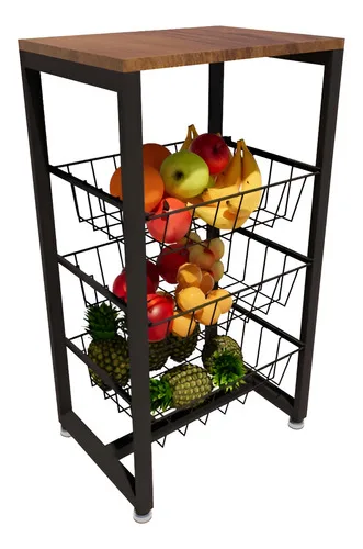 Fruteira De Chão Em Aço Cozinha Suporte Bebedouro Amadeirado Cor Preto/amadeirado