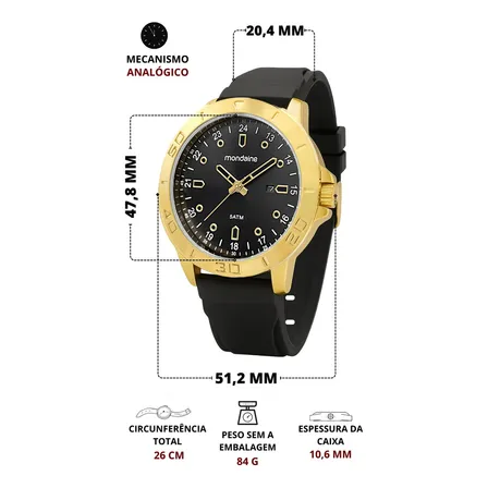 Relógio De Pulso Mondaine Com Corria De Silicone Cor Preto - Bisel Dourado