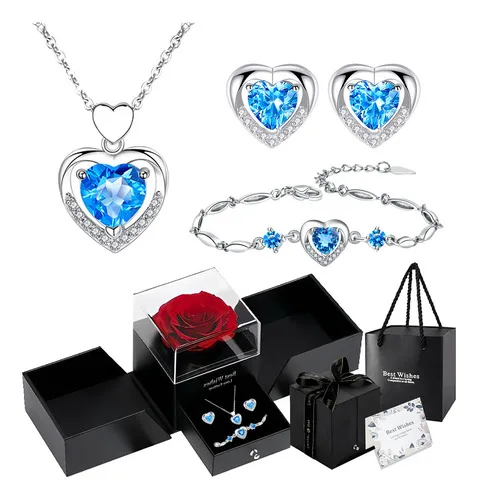 Caixa De Presente Com Colar Feminino De Coração E Rosas, Colar, Pulseira E Brincos Femininos No Formato De Coração Conjunto, Um Presente Para Mulheres No Dia Dos Namorados, Dia Das Mães e Natal.