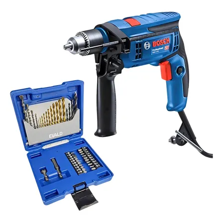 Furadeira Impacto 750w Gsb 13 Re Bosch + Estojo 41 Pçs Evald Cor Azul