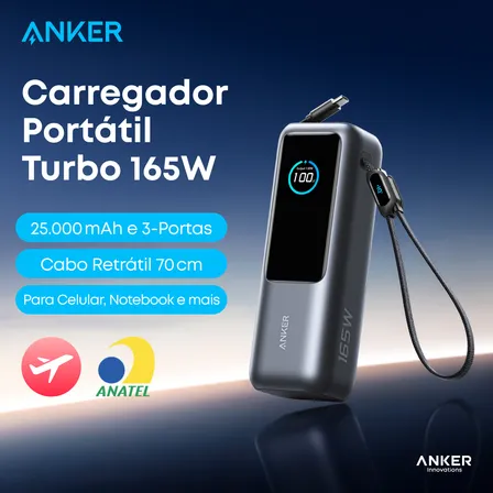 Carregador Portátil Power Bank Anker 25000mAh 165W Cor Preto Carga Turbo Rápida com 4 Portas e 2 Cabos USB-C Integrados, Tela Digital Compatível com Notebook, MacBook, iPhone, Samsung e AirPods