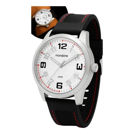Relógio De Pulso Mondaine Com Correia De Silicone Cor Preto - Fundo Branco - Bisel Prateado