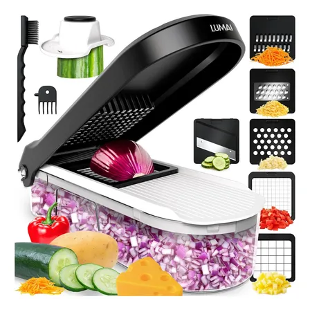 Cortador Processador Mandoline Triturador De Legumes Queijos Vegetais E Frutas Multifuncional Lumai 6 Em 1 Com Recipiente, Fatiador, Picador, Ralador, Lâminas Intercambiáveis, Acessórios Para Cozinha