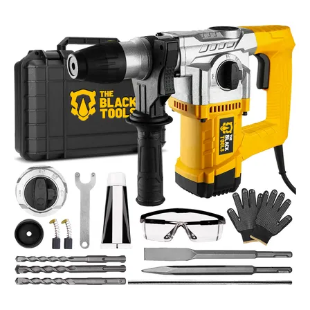 Martelo Martelete Rompedor Elétrico Concreto Com Brocas Talhadeira Ponteira Óculos Luva Cor Amarelo The Black Tools