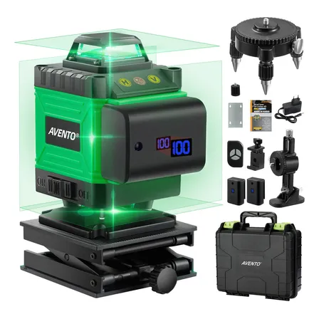 Avento Conjunto De 12 Peças, Nível Laser Verde 16 Linhas 4d 360° Com Ponto De Prumo E 2 Baterias 3600mAH Recarregáveis De Alta Capacidade, Suporte Magnético, Mini Tripé, Controlador, Caixa Reforçada