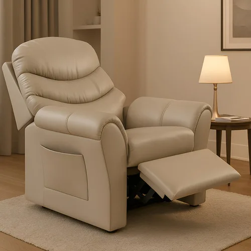 Poltrona Cadeira Do Papai Com Encosto Macio Reclinável E Retrátil Revestido Em Corino Para Sala De Descanso E Amamentação Cor Bege