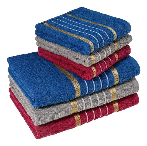 Jogo 6 Toalhas Banho - 3 Banho, 3 Rosto Grande Macia Atacado Bordô Cinza Branco Azul Listras