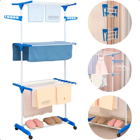 Varal Dobrável De Chão 3 Andares De Roupas Grande com Rodinha Resistente Durável Lavanderia Apartamento Casa Azul Irsina