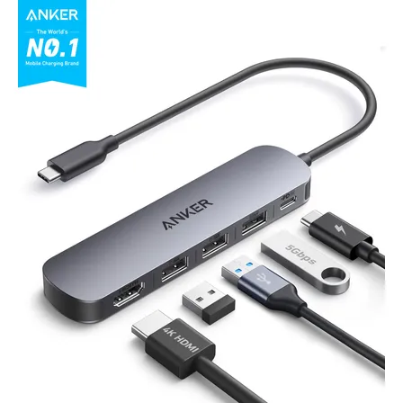 Hub Usb C 5 Portas Em 1 Anker Dock Station Adaptador Hdmi 4k, Usb 3.0 5gbps, Power Delivery 90w, Compatível Com Thunderbolt Para Macbook Pro/air, Notebooks Windows Cinza