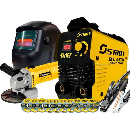 Máquina De Solda Inversora 160a Mma E Tig Black Arc Start + Esmerilhadeira Lixadeira Angular 780w E Máscara de solda Amarelo 220v