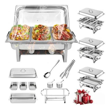 Rechaud Retangular 11 Litros Com 3 Cubas 1/3 Banho Maria E Fogão A Álcool 100% Aço Inoxidável Ideal Para Bufês Restaurantes Banquetes Potlucks