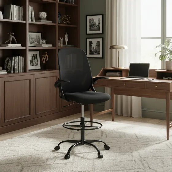 Cadeira De Escritório Ergonômica Caixa Alta Executiva Banqueta Secretaria Consultório Braços Dobráveis Anel De Apoio Para Pés Ajustável Bq01 Suporte Lombar Dentista Cor Preta Luvinco Preto Mesh
