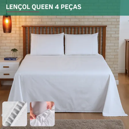 Kit Jogo De Cama Queen 4 Peças Percal 400 Fios Fronha E Elástico Toque Macio Confortável Hotel Cor Branco Premium