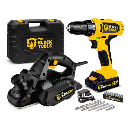 Kit Plaina Elétrica Profissional 780W 16500 Rpm + Parafusadeira A Bateria 12V 3/8” Bivolt 1350 Rpm The Black Tools