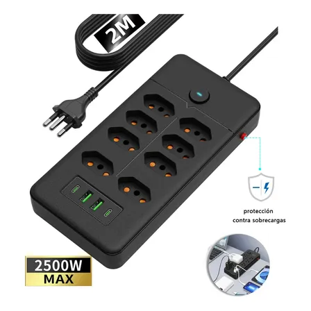 Filtro De Linha Régua Extensão 8 Tomadas E 2 Usb 2 Pd 2500 Watts Equipado Com Um Interruptor De Protecção Automática De Sobrecarga Protetor Elétrico Cabo 2 Metros 10a Cor Preto-afore