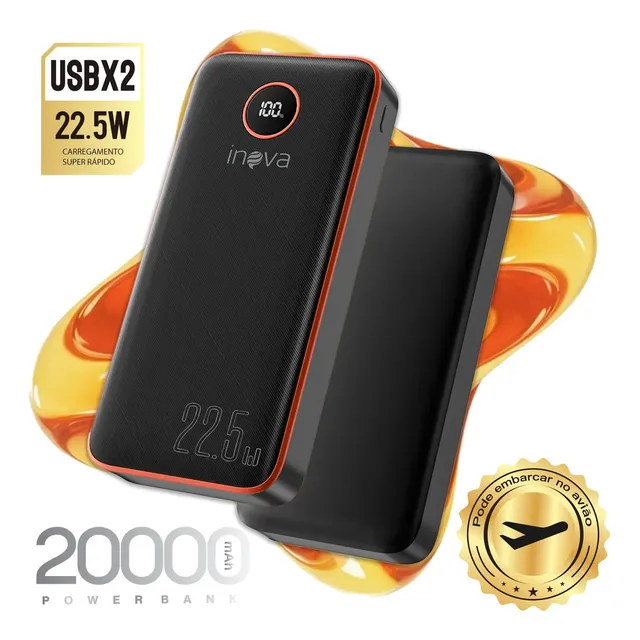 Inova Cases Power Bank Portátil 20000mAh Carga Rápida Turbo 22.5w com Led Display Universal Externa para iPhone Samsung Xiaomi Motorola Huawei Celular Smartphone Smartwatch Tablet