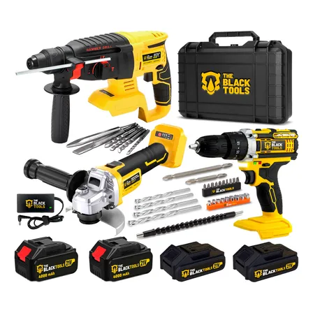 Kit Multi Ferramentas 3 Em 1 Martelete Esmerilhadeira E Pafusadeira Com 4 Baterias Bivolt The Black Tools