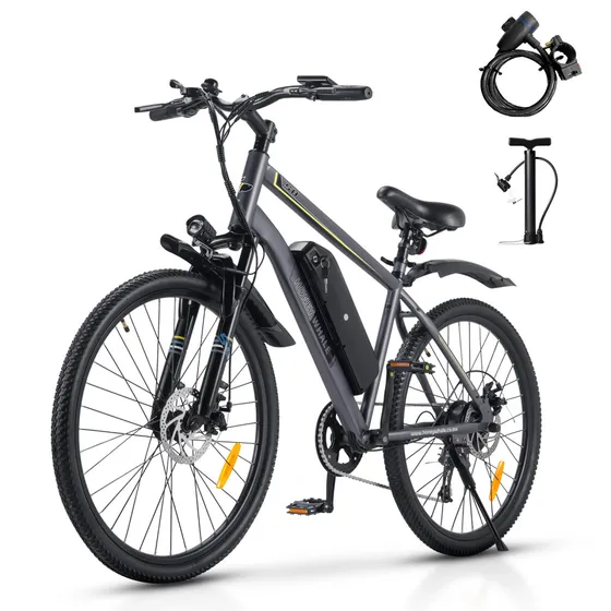 Honeywhale S8 Bicicleta Elétrica Para Adultos, 450w Motor, 50km Autonomia, 35km/h Velocidade Máxima, 26 Aro, Bateria Removível De 15ah, 7 Velocidades Ebike De Montanha, Bike Honey Whale Cinza