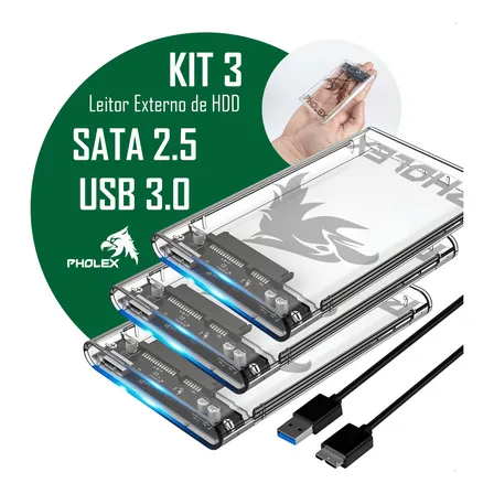 Kit 3 Case Hd Externo Usb 3.0 Transparente Para Hd/ssd Sata 2,5 Pholex Gaveta Adaptador Portátil Notebook E Pc