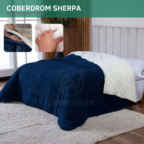 Edredom Sherpa Queen Casal Pele Carneiro Dupla Face Inverno Quentinho Ultra Macio Coberdrom Conforto Aveludado Cor Azul Marinho