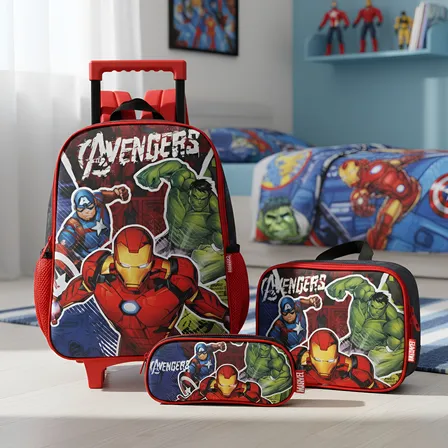 Mochila C/ Rodas Estojo E Lancheira Avengers Preto - Exc Desenho Do Tecido Liso