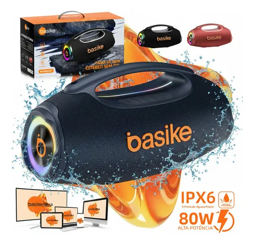 Basike Caixa de Som Boombox 80W 8000Mah 10hrs Portátil Bluetooth 5.3 Sem fio IPX6 À Prova D'água Com Luz RGB Hifi TWS Bass Forte Áudio de Alta Qualidade Para Samba Funk Baile Carioca HipHop Forró Axé