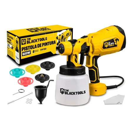 Pistola De Pintura E Pulverizadora Elétrica Portátil Hvlp 1.250l C/5 Bicos E Acessórios 600w Tpp150 The Black Tools Amarelo 127v
