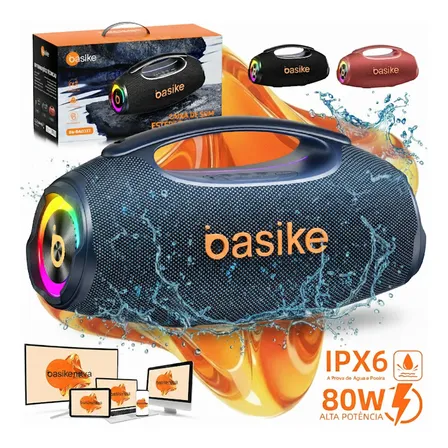 Basike Caixa de Som Boombox 80W 8000Mah 10hrs Portátil Bluetooth 5.3 Sem fio IPX6 À Prova D'água Com Luz RGB Hifi TWS Bass Forte Áudio de Alta Qualidade Para Samba Funk Baile Carioca HipHop Forró Axé