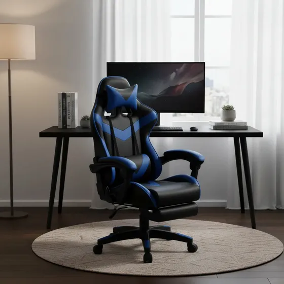Cadeira De Escritório Gamer Nitro Ergonômica Estofado Couro Sintético Reclinável Altura Ajustável Apoio Para Pés Cor Azul Luvinco