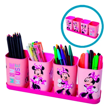 Porta Canetas Infantil Disney Minnie Com Base E 4 Recipientes Para Pintar