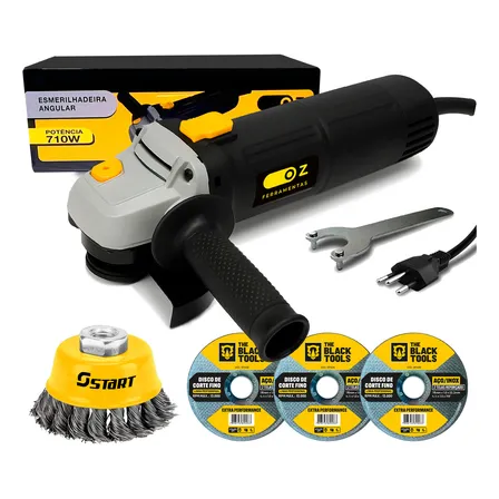 Esmerilhadeira Lixadeira Angular 4.1/2” 710W 11000 Rpm Oz Com Discos De Corte + Escova De Aço Copo 3 Pol” Trançada Start