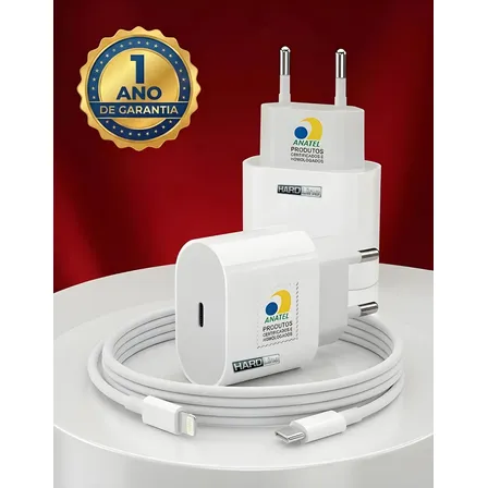 Carregador Turbo 20W Tipo C PD Rápido iPhone 8 X XR 11 12 13 14 15 Pro Max USB-C Bivolt - Marca Hardline