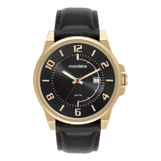 Relógio Masculino Mondaine Couro Preto Social Com Calendário Dourado