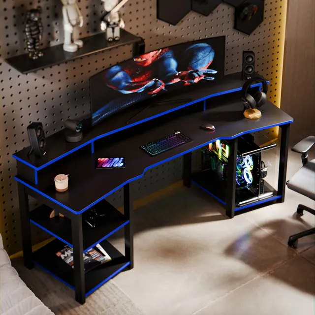 Mesa Gamer Preta Com Detalhes Azuis Escrivaninha Para Setup Gamer Com Prateleiras E Suporte Para Monitor Design Moderno E Espaçoso Azul